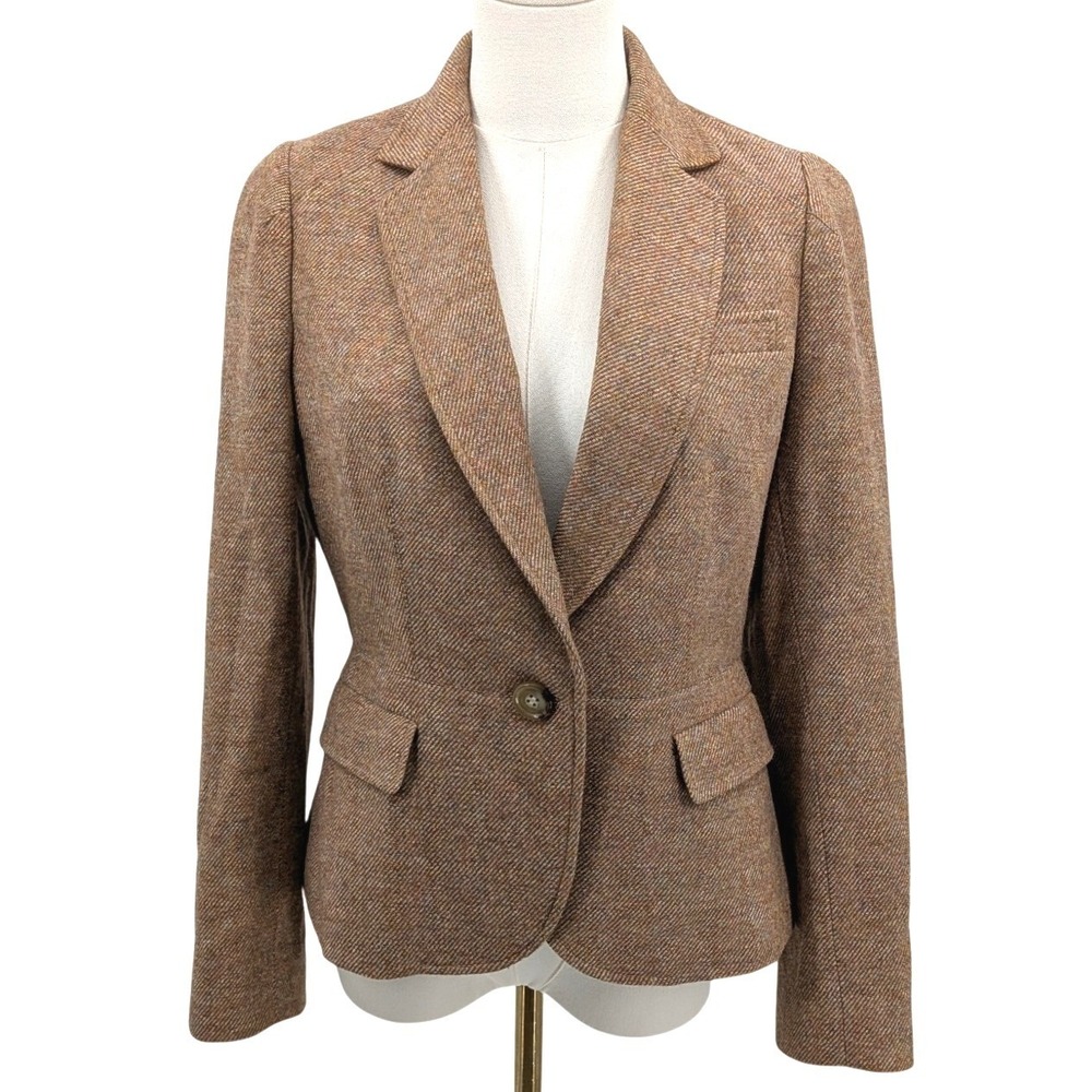 Talbots Wool Tweed Blazer Brown Herringbone Fitted Academia Petite 8P